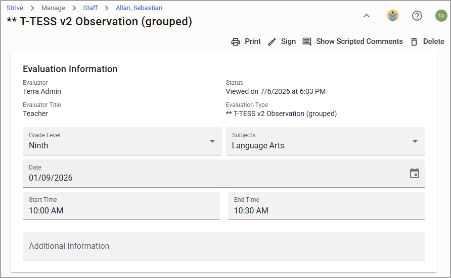 Observation details for a ninth-grade language arts class evaluation.